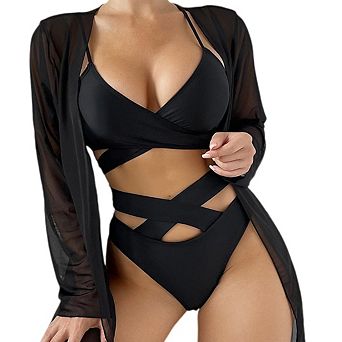 Women's Criss Cross Hollow Out Bikini Sets with Cover Up Deep V High Wasit Bathing Suit