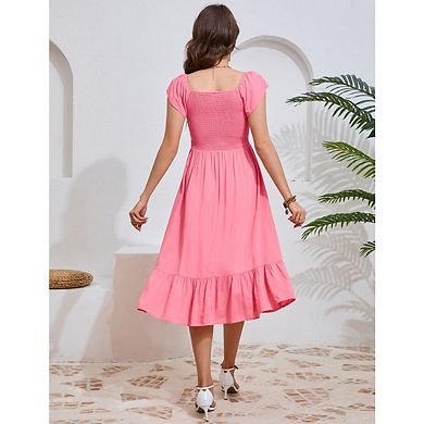 Womens Maternity Short Sleeve Sweetheart Neck Casual Smocked Boho Drawstring Midi Dress