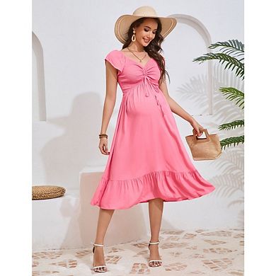 Womens Maternity Short Sleeve Sweetheart Neck Casual Smocked Boho Drawstring Midi Dress