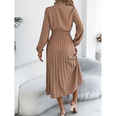 Women's Mock Neck Lantern Long Sleeve Pleated Midi Dresses Solid Color Elegant Casual Dress