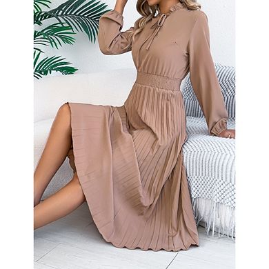 Women's Mock Neck Lantern Long Sleeve Pleated Midi Dresses Solid Color Elegant Casual Dress