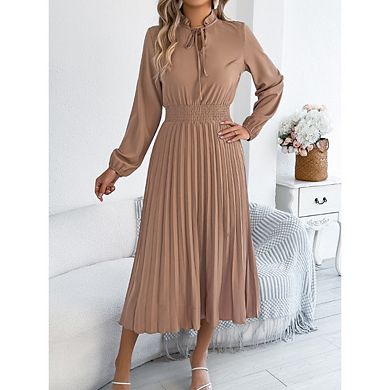 Women's Mock Neck Lantern Long Sleeve Pleated Midi Dresses Solid Color Elegant Casual Dress