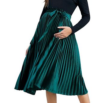 Women's Maternity Pleated Midi Skirts Casual High Waist Tie Belt Pregnancy Skirts