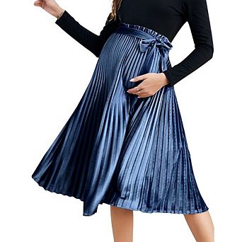 Women's Maternity Pleated Midi Skirts Casual High Waist Tie Belt Pregnancy Skirts