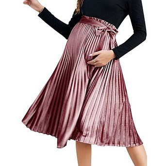 Women's Maternity Pleated Midi Skirts Casual High Waist Tie Belt Pregnancy Skirts