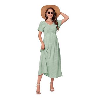 Women's Maternity V Neck Short Sleeve A Line High Waist Boho Swing Casual Maxi Dress