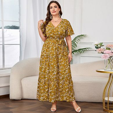 Lightweight Floral Wrap Maxi Dress Tiered Ruffle Hem Adjustable Waist Flutter Sleeves for Summer