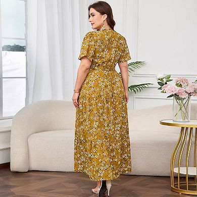 Lightweight Floral Wrap Maxi Dress Tiered Ruffle Hem Adjustable Waist Flutter Sleeves for Summer