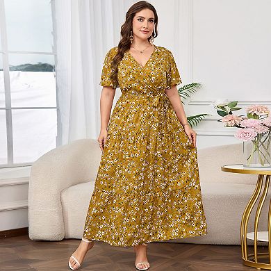 Lightweight Floral Wrap Maxi Dress Tiered Ruffle Hem Adjustable Waist Flutter Sleeves for Summer