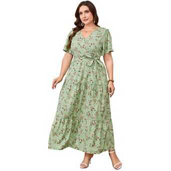 Lightweight Floral Wrap Maxi Dress Tiered Ruffle Hem Adjustable Waist Flutter Sleeves for Summer