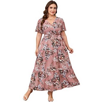 Lightweight Floral Wrap Maxi Dress Tiered Ruffle Hem Adjustable Waist Flutter Sleeves for Summer