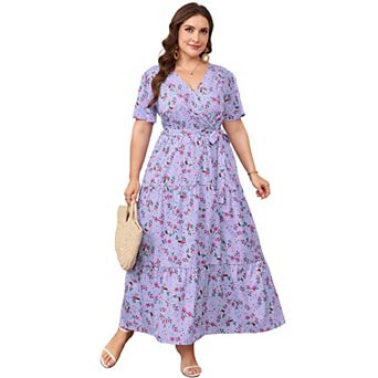 Lightweight Floral Wrap Maxi Dress Tiered Ruffle Hem Adjustable Waist Flutter Sleeves for Summer