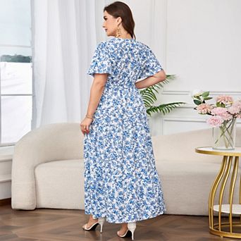 Lightweight Floral Wrap Maxi Dress Tiered Ruffle Hem Adjustable Waist Flutter Sleeves for Summer