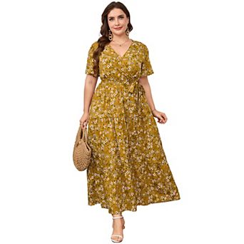 Lightweight Floral Wrap Maxi Dress Tiered Ruffle Hem Adjustable Waist Flutter Sleeves for Summer