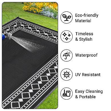 Diamond Border Outdoor Rug Patio Waterproof, Modern Geometric Outdoor Plastic Straw Rug