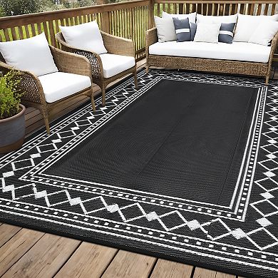 Diamond Border Outdoor Rug Patio Waterproof, Modern Geometric Outdoor Plastic Straw Rug