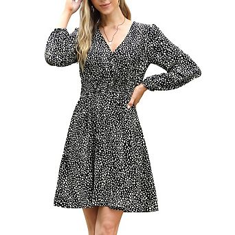 Women's Long Sleeve V Neck Dresses Leopard Printing Casual Loose Flowy Swing Midi Dress