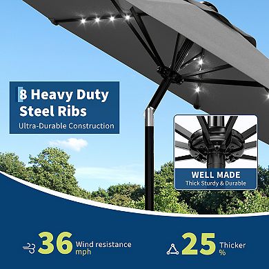 9FT Patio Market Umbrella w/ 32 Solar Powered LED Lights & 8 Ribs, Parasol for Garden Pool Backyard