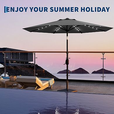 9FT Patio Market Umbrella w/ 32 Solar Powered LED Lights & 8 Ribs, Parasol for Garden Pool Backyard