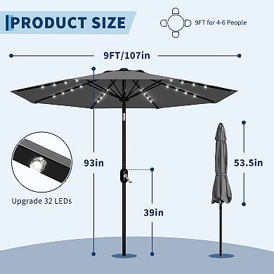 9FT Patio Market Umbrella w/ 32 Solar Powered LED Lights & 8 Ribs, Parasol for Garden Pool Backyard