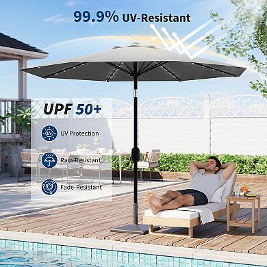 9FT Patio Market Umbrella w/ 32 Solar Powered LED Lights & 8 Ribs, Parasol for Garden Pool Backyard