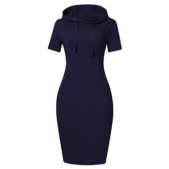 Women's Short Sleeve Pullover Hooded Dresses with Pocket Sweatshirt Casual Hoodie Solid Color Dress