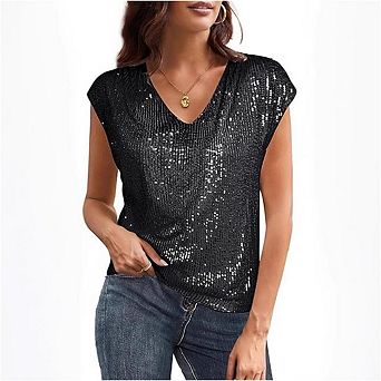 Women's Sequin Sparkly Tops Cap Sleeve Dressy Blouses V Neck Glitter Party Tops