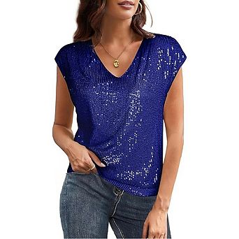Women's Sequin Sparkly Tops Cap Sleeve Dressy Blouses V Neck Glitter Party Tops