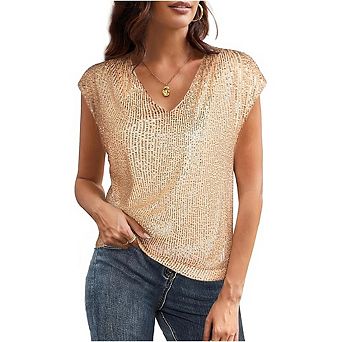 Women's Sequin Sparkly Tops Cap Sleeve Dressy Blouses V Neck Glitter Party Tops
