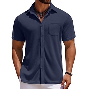 Men's Waffle Knit Short Sleeve Shirt Casual Button Down Cuban Collar Summer Beach Shirt with Pocket