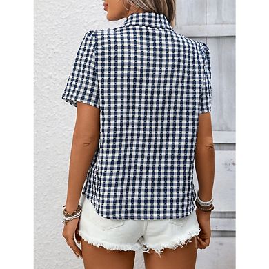 Women's Short Sleeve Gingham Blouse Button Down Blouse Summer Plaid Checkered Shirt