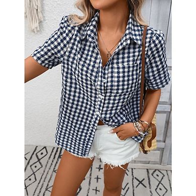 Women's Short Sleeve Gingham Blouse Button Down Blouse Summer Plaid Checkered Shirt
