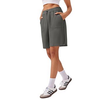 Pinspark Women's Knee Length High Rise Bermuda Shorts Athletic Sweat Tennis Shorts with Pockets