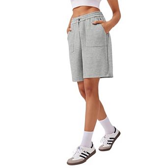 Pinspark Women's Knee Length High Rise Bermuda Shorts Athletic Sweat Tennis Shorts with Pockets