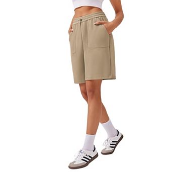 Pinspark Women's Knee Length High Rise Bermuda Shorts Athletic Sweat Tennis Shorts with Pockets