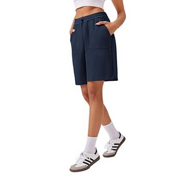 Pinspark Women's Knee Length High Rise Bermuda Shorts Athletic Sweat Tennis Shorts with Pockets
