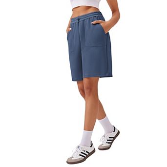 Pinspark Women's Knee Length High Rise Bermuda Shorts Athletic Sweat Tennis Shorts with Pockets
