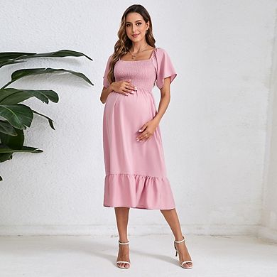 Women's Maternity Off Shoulder Ruffle Short Sleeve Maxi Flowy Tiered A Line Dress