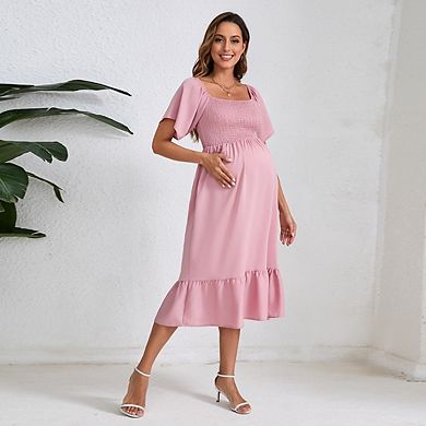 Women's Maternity Off Shoulder Ruffle Short Sleeve Maxi Flowy Tiered A Line Dress