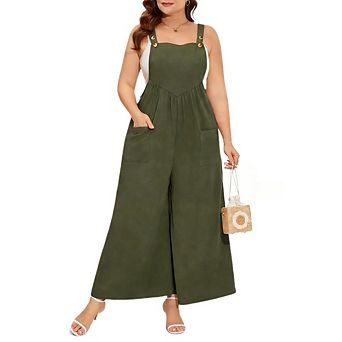 Women's Plus Size Sleeveless Wide Leg Jumpsuits Casual Adjustable Strap Overalls with Pockets