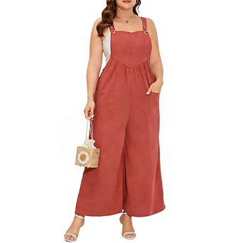 Women's Plus Size Sleeveless Wide Leg Jumpsuits Casual Adjustable Strap Overalls with Pockets