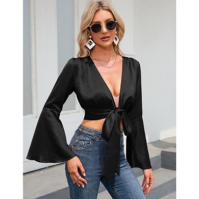 Women's V Neck Long Bell Sleeve Wrap Blouse Top Tee Shirts