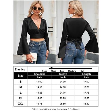 Women's V Neck Long Bell Sleeve Wrap Blouse Top Tee Shirts