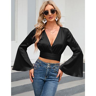 Women's V Neck Long Bell Sleeve Wrap Blouse Top Tee Shirts