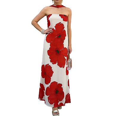 Lightweight Floral Halter Maxi Dress with Open Back Adjustable Tie-Back Resort Beach Staple