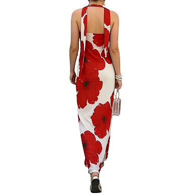 Lightweight Floral Halter Maxi Dress with Open Back Adjustable Tie-Back Resort Beach Staple