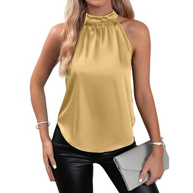 Womens Satin Elegant Sleeveless Camisole Mock Neck Pleated Work BusinessTank Tops
