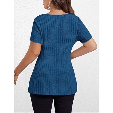 Women's V Neck Casual Tops Short Sleeve Solid Color Side Split Ribbed Stripe Pullover Blouse