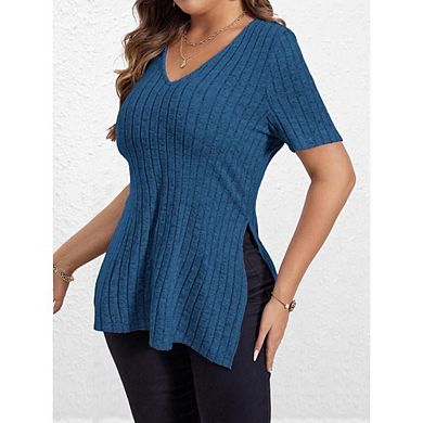 Women's V Neck Casual Tops Short Sleeve Solid Color Side Split Ribbed Stripe Pullover Blouse