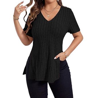 Women's V Neck Casual Tops Short Sleeve Solid Color Side Split Ribbed Stripe Pullover Blouse